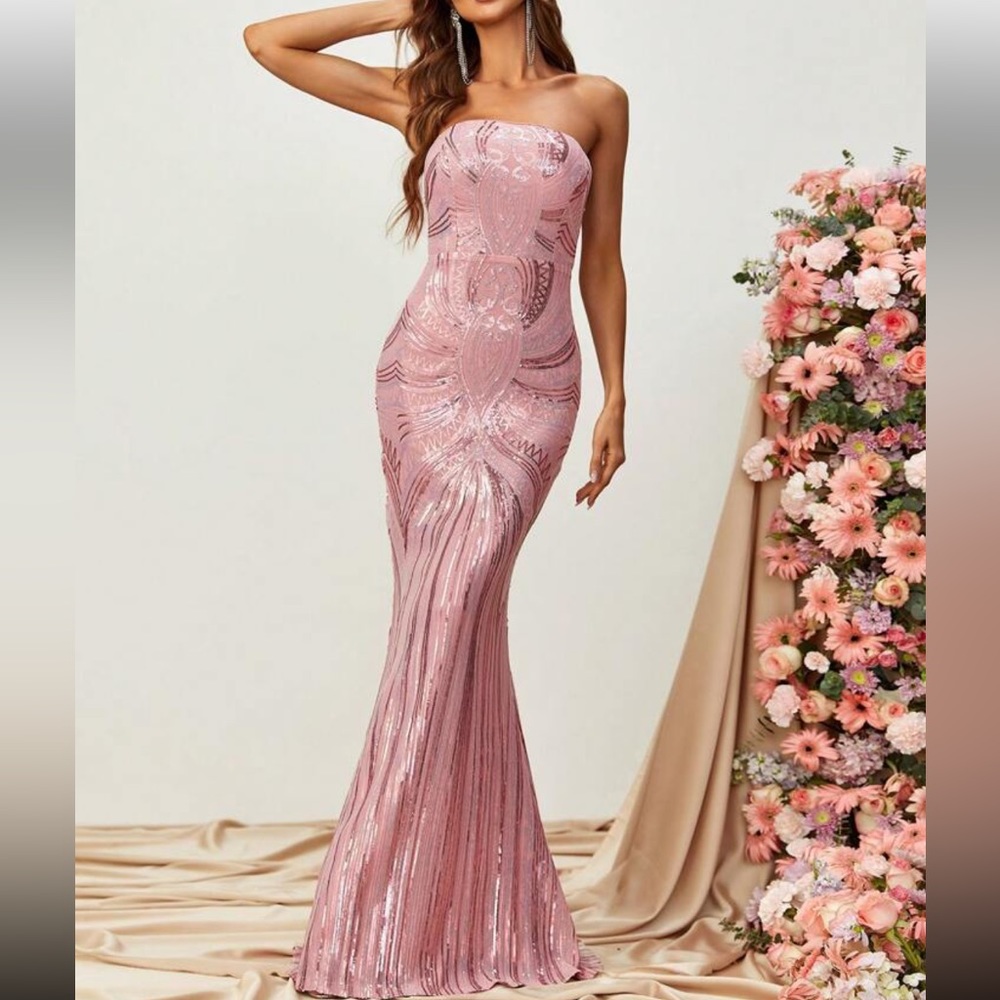 Backless pink open back mermaid hem party formal sequins dress